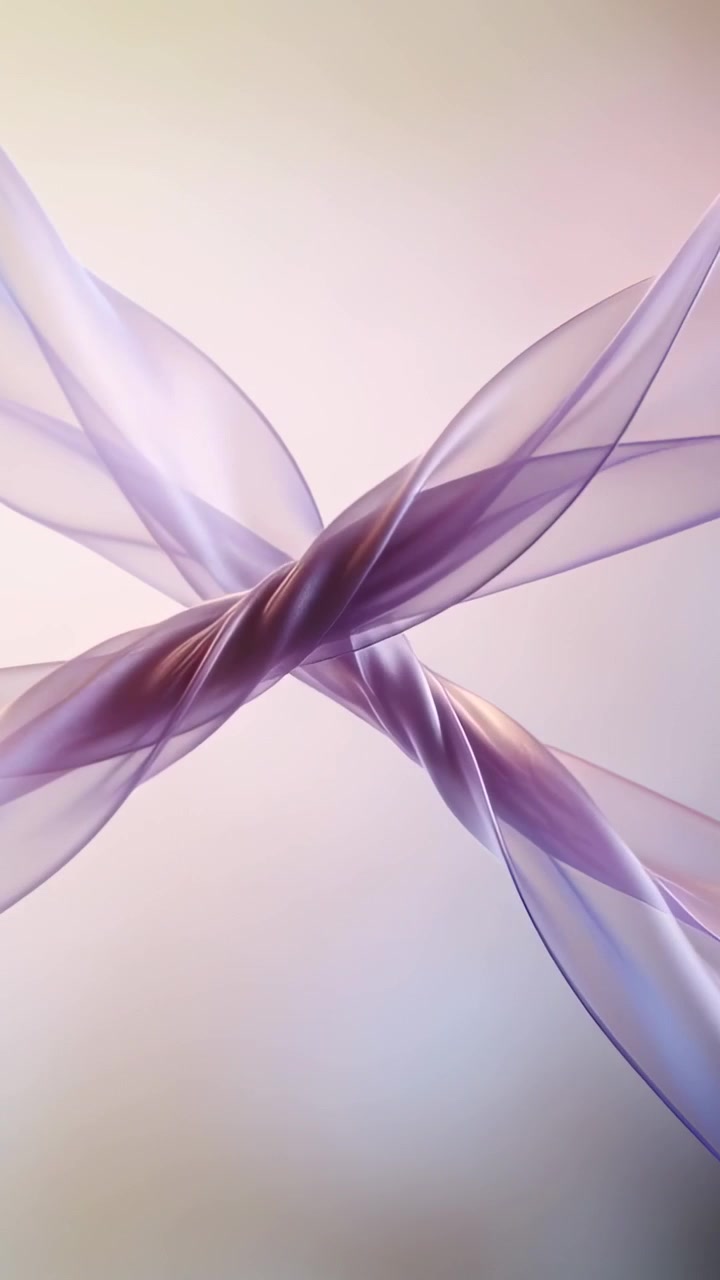 Video vertical: Movimiento iniciando dos cintas transparentes que se mueven y retuercen sobre un fondo pastel, formando un nudo.