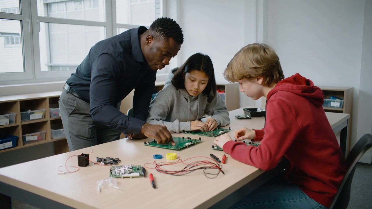 Pointing instructor teaching students in grey, red hoodies building circuits at table, wiring parts