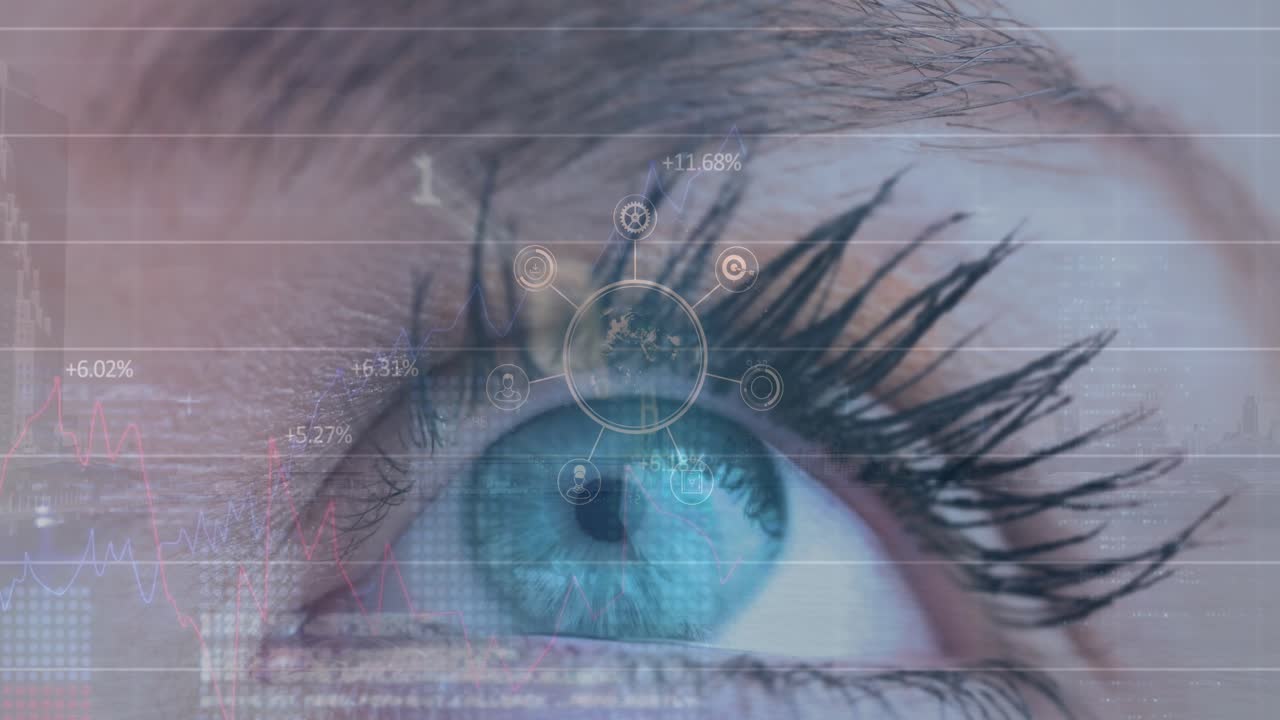 Composition of covid cell and medical data processing over caucasian woman putting face mask on