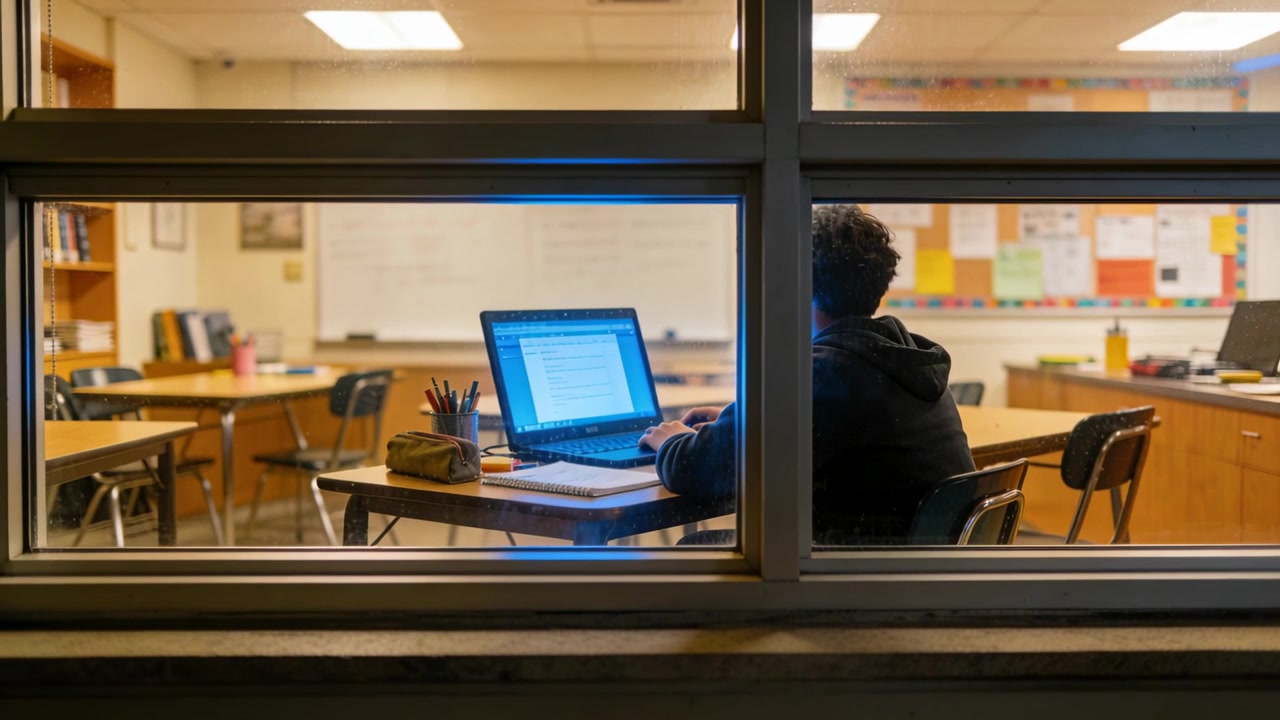 Studente adolescente che digita, facendo i compiti alla scrivania della scuola dopo aver aperto il laptop, con quaderno e matite.
