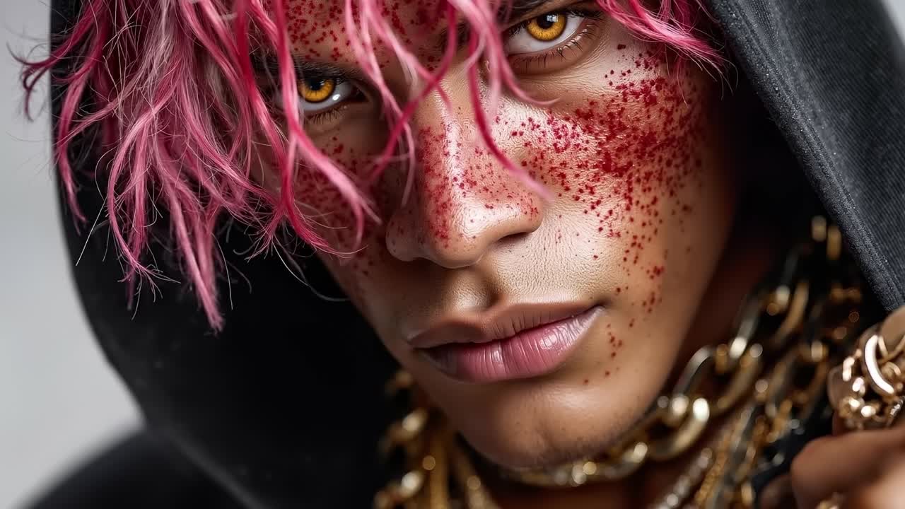 A young man with pink hair and a black hoodie holding a gold chain