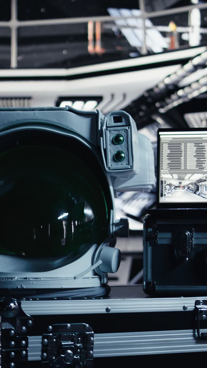 Vertical video Laptop in space station tracking star and asteroids patterns during cosmic trip