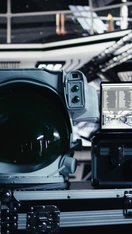 vertical video laptop in space station tracking star and asteroids patterns during cosmic trip