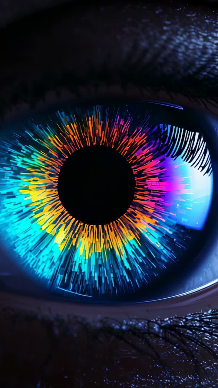 Vertical video: Showing single human eye pulsing colored streaks after light shift in closeup
