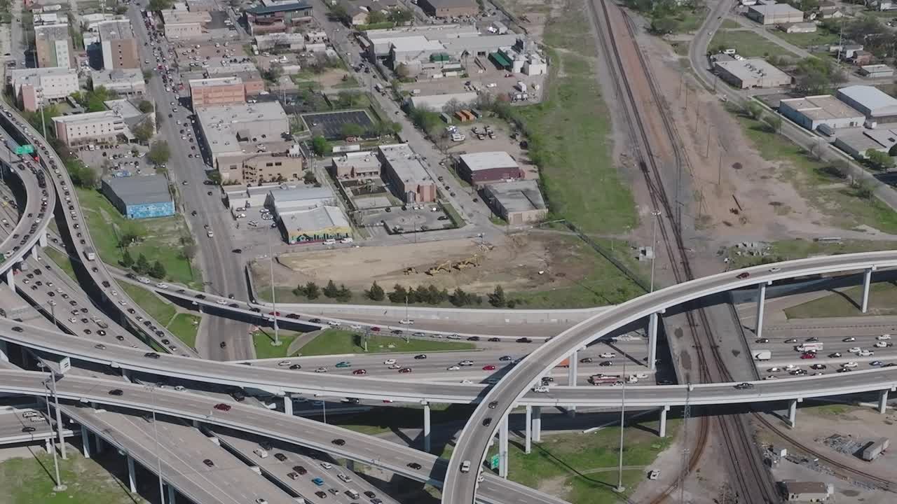 View of downtown Dallas from above showing highways and buildings