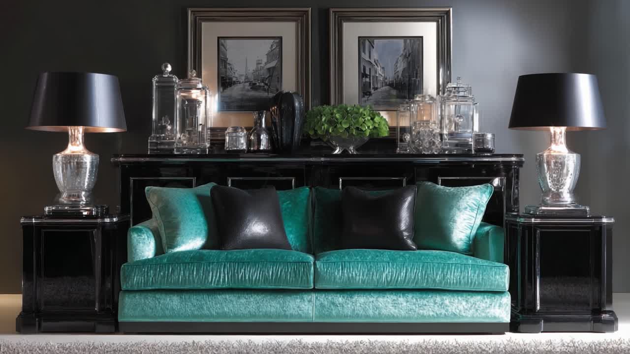 Elegant Living Room Design Featuring a Luxurious Teal Sofa, Stylish Black Accessories, and Artistic Wall Decor for a Chic Contemporary Atmosphere