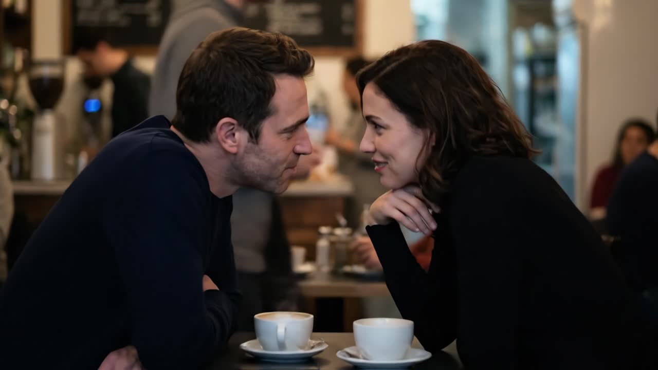 Coppia felice che sorride e parla a un appuntamento per un caffè in un bar