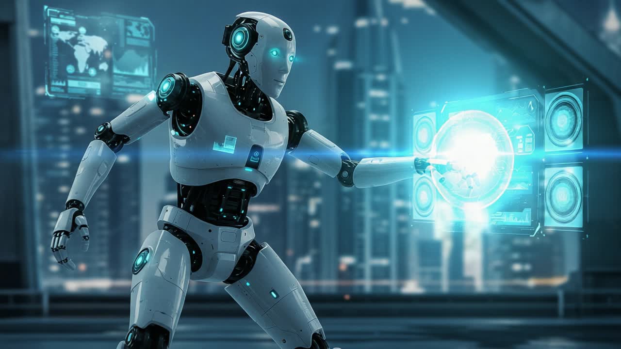 A futuristic humanoid robot interacts with holographic displays, showcasing advanced technology and innovation in a cybernetic environment filled with urban architecture