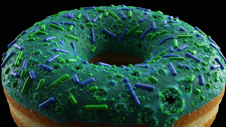 Esplorazione ravvicinata di una colorata ciambella con vivaci zuccherini, che mostra le complessità della glassa e della consistenza su uno sfondo scuro