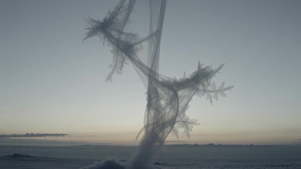 Rising from low mound after initial pull, translucent veil twisting and unfurling on pale plain