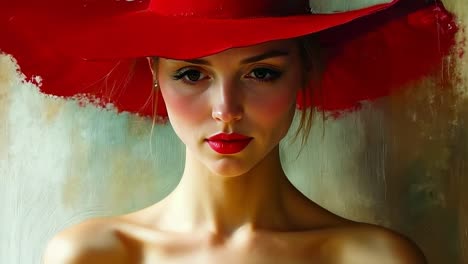 a woman in a red dress and a red hat