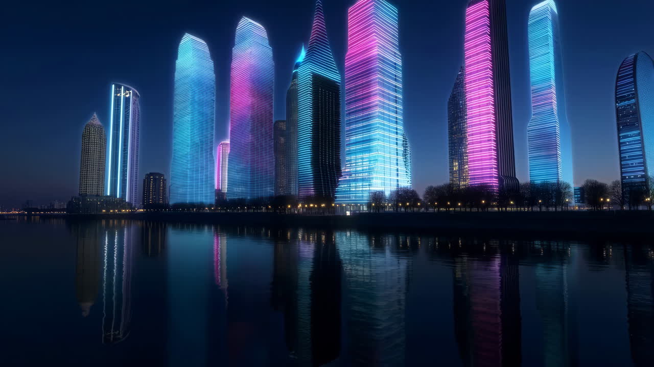 Futuristic City Skyline at Night with Neon Lights Reflected in Water