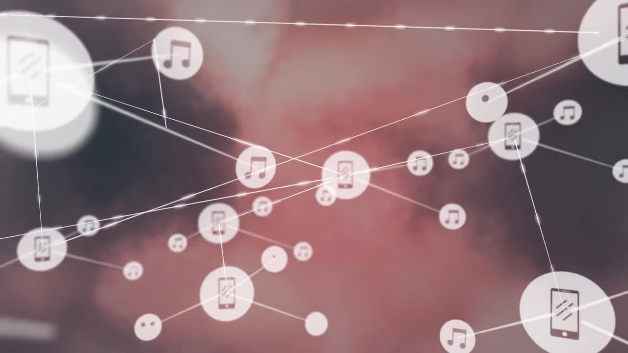 분홍색 구름 위의 아이콘으로 연결된 네트워크의 애니메이션