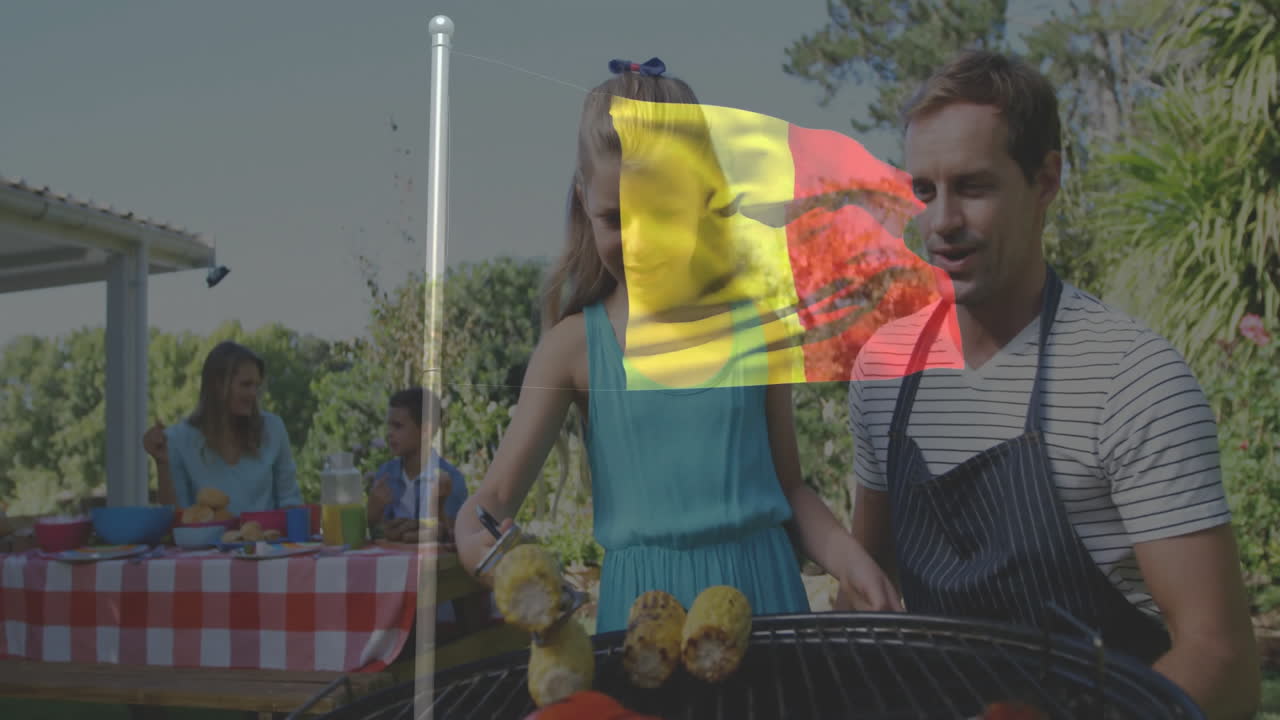 Barbecue outdoors with family, Belgian flag animation overlay in background