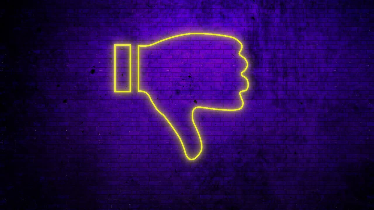 벽돌 벽 위에 박이는 네온 엄지손가락 아래 아이콘의 애니메이션