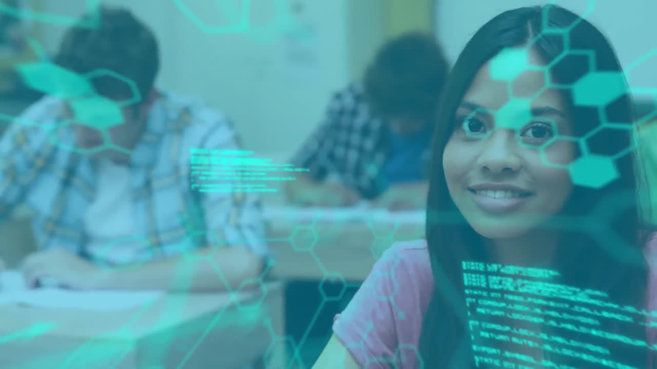 animación de visores escaneando sobre una estudiante sonriente