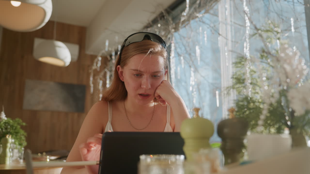 Giovane donna al tablet in un caffè, in un'atmosfera mattutina illuminata dal sole con piante e bicchieri. Scorre e tocca mentre si concentra sullo studio a distanza e sulla pianificazione creativa, uno scatto di vita spontaneo che cattura un'atmosfera accogliente.