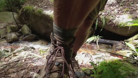 pov: hairy legs and hiking boots of man crossing narrow jungle stream