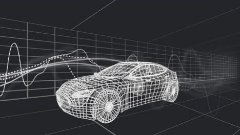 animación de gráficos sobre modelo de coche 3d moviéndose con un patrón sin costuras en un túnel sobre fondo negro.
