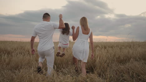 Happy-smiling-family-holding-hands-walking-through-golden-field-at-sunset.-Happy-family-walking-on-meadow-and-playing.