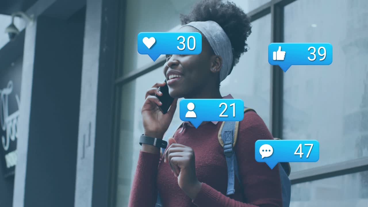 Woman calling phone on sidewalk causing social-media bubbles around head showing engagement rise