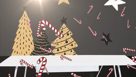 animation of snow and candy canes falling over christmas trees on black background