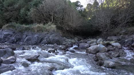 Panorámica-Lenta-De-Izquierda-A-Derecha-A-Través-Del-Río-Rock-En-Un-Desfiladero-De-Arbustos-Nativos