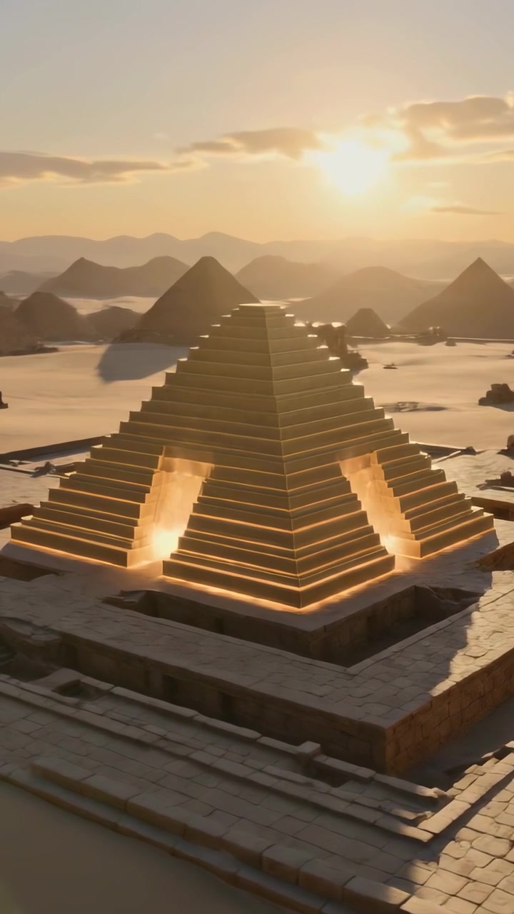 Video verticale: Sole che sorge, la telecamera si allontana, piramide a gradoni che brilla nel deserto con due porte illuminate.