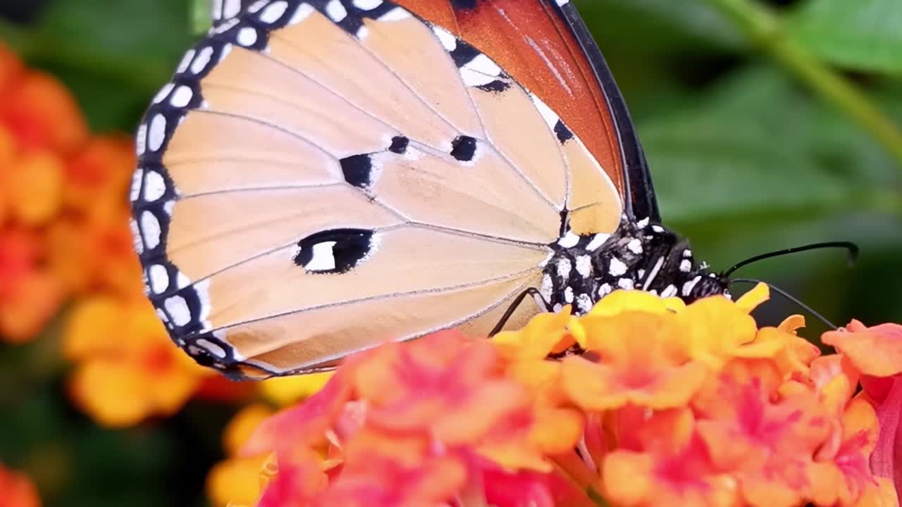 Vista macro di una farfalla con ali arancioni e nere che impollina vivaci fiori di lantana.