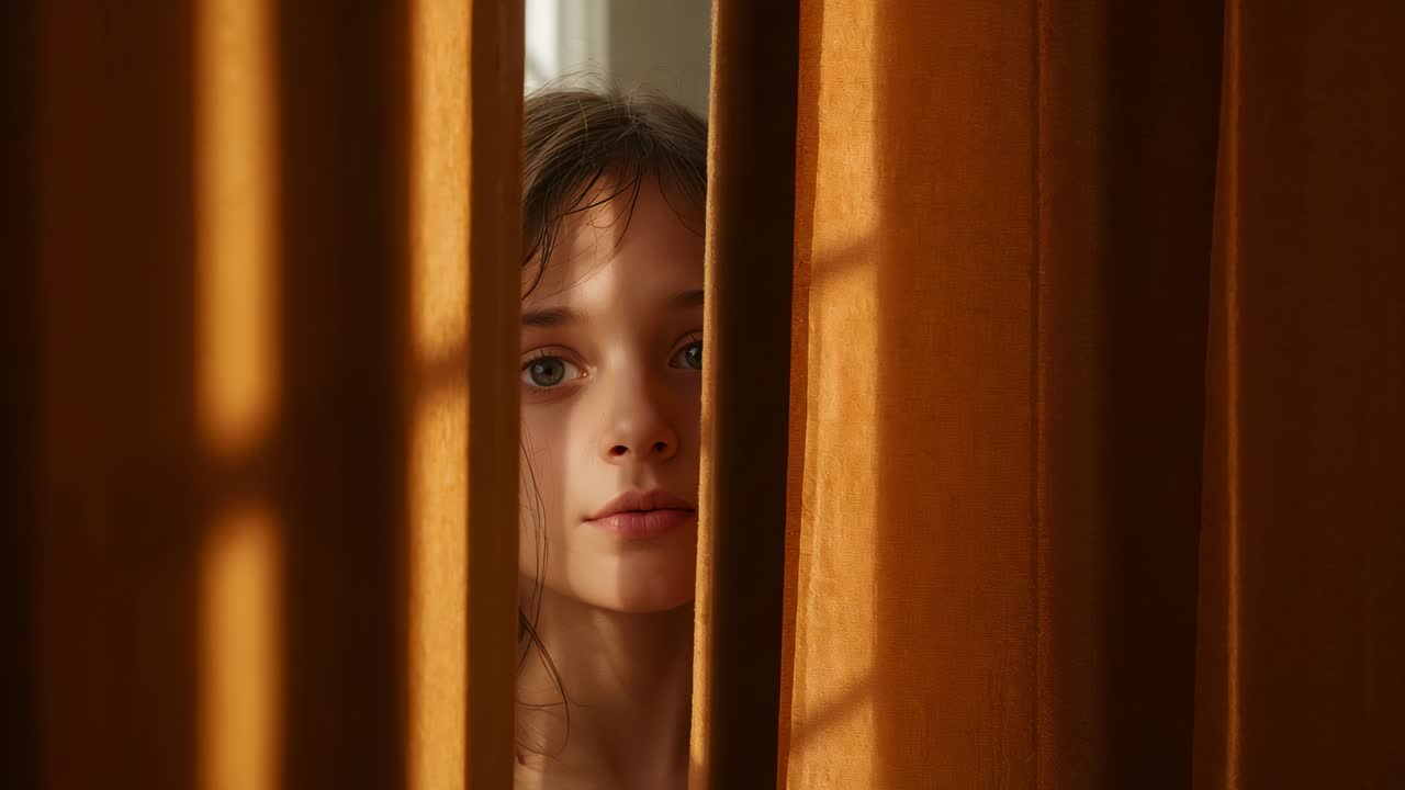 Peeking teen female closing eyes, tilting head beside window by sunlight, bare shoulder, curtains