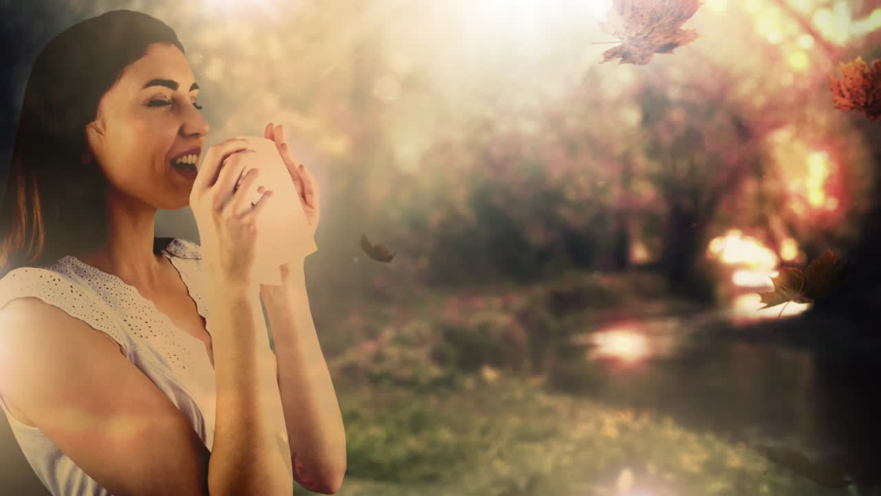 가을 잎이 떨어지고 알레르기가 있는 여성이 재채기 4k