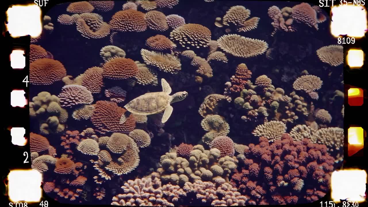Underwater video frame of a sea turtle swimming over coral reefs, captured from a side angle