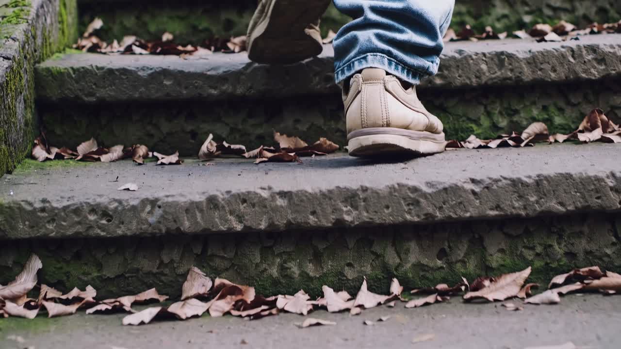 Low-angle video shot of a person's feet walking up moss-covered stone steps, capturing a serene