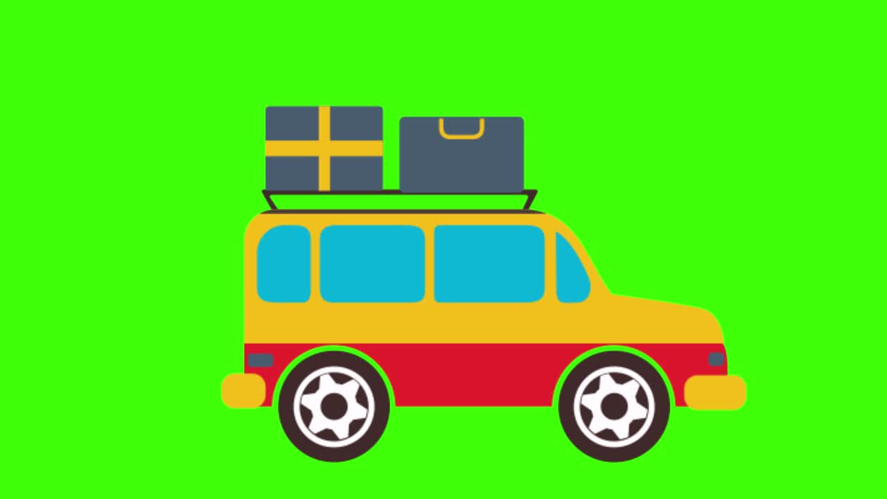 animación simple y colorida de un coche de viaje con maletas aisladas en una pantalla verde en 4k