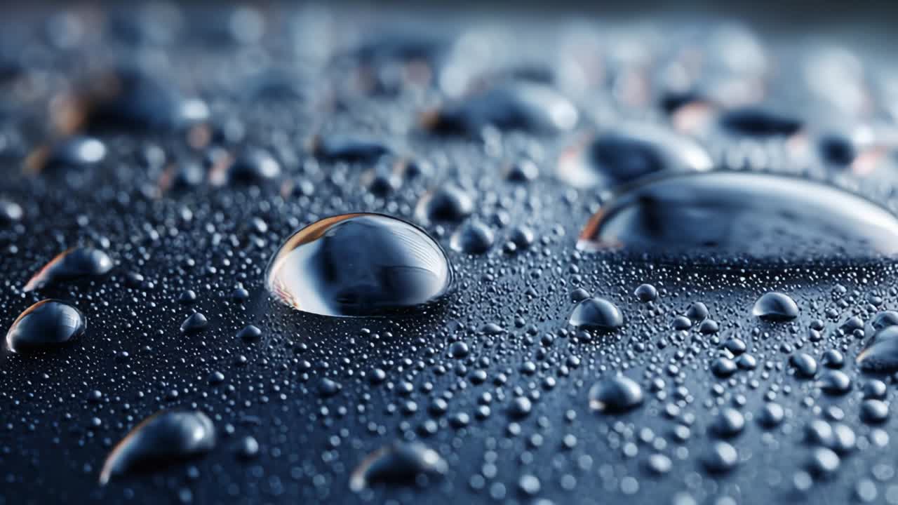 A Close-Up View of Water Droplets on a Dark Surface, Highlighting the Intricacies of Reflections and Lighting, Capturing Nature's Beauty and the Complexity of Liquid Forms in a Still Environment