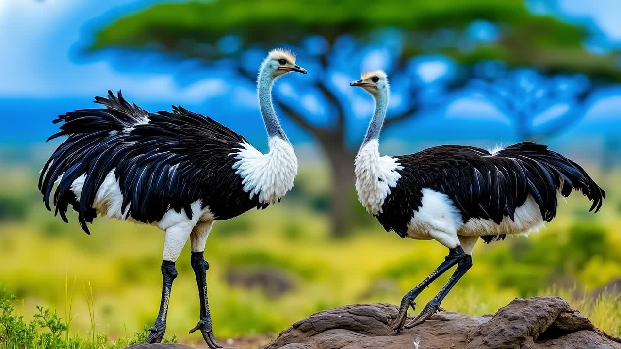 Two ostriches standing on a rock in the grass