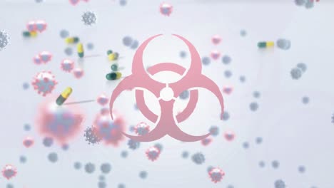 animation of floating macro covid-19 cells and biohazard symbol over falling pills