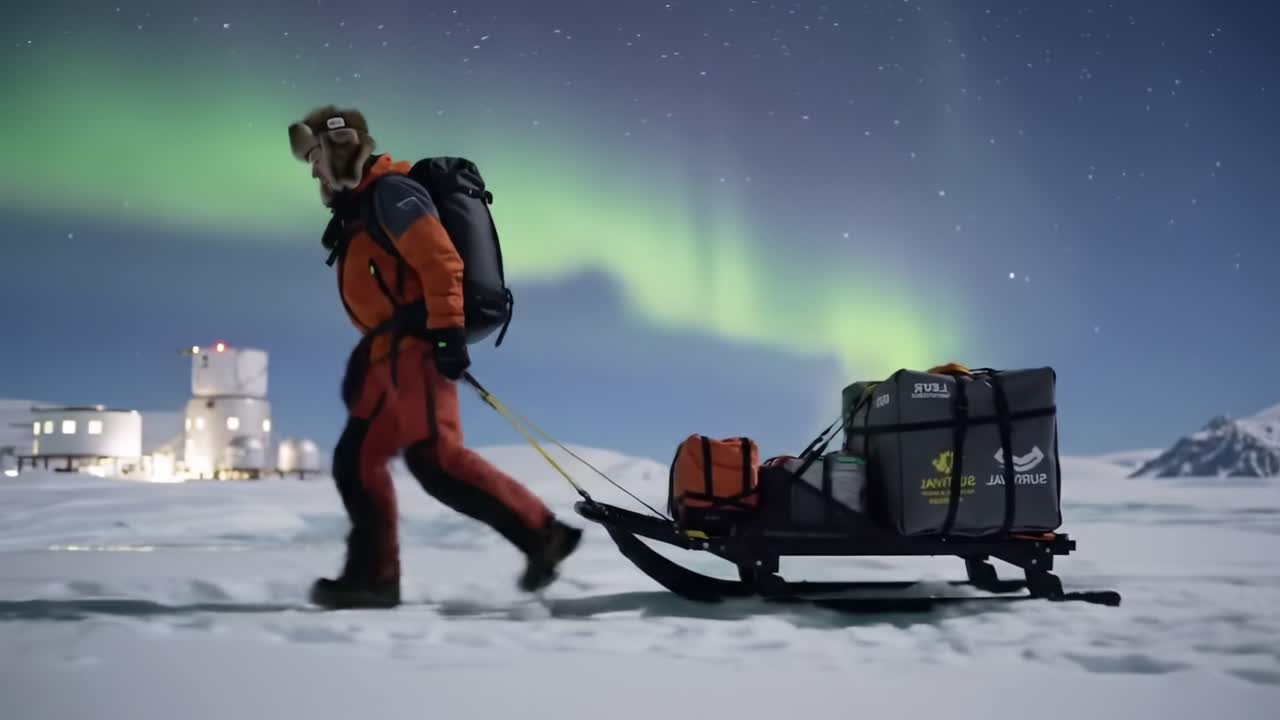 A solitary adventurer traverses a snowy landscape under the mesmerizing glow of the Northern Lights, pulling a sled filled with essential supplies for an expedition