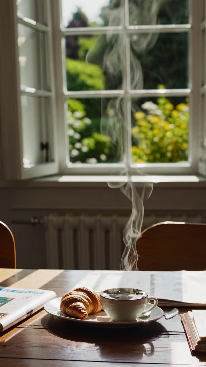 A cozy morning scene with a steaming coffee and croissant on a table, shot from a low angle