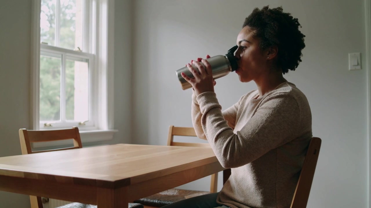 Sunlight drawing woman in sweater lifting travel mug, sipping at wood table by window, copy space