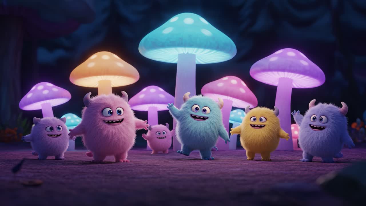 A joyful gathering of colorful, furry creatures amidst vibrant, glowing mushrooms in a whimsical, enchanting forest at night, showcasing a magical celebration of friendship