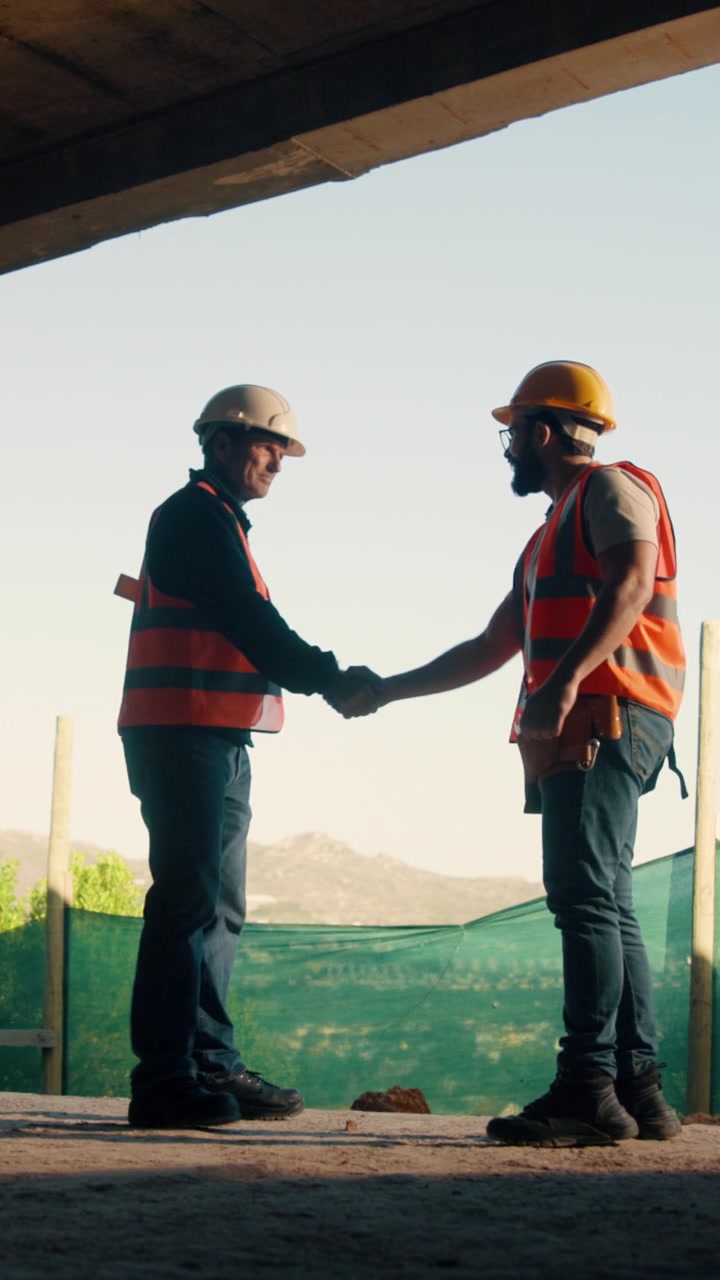 Two Construction Workers Shaking Hands at a Building Site
