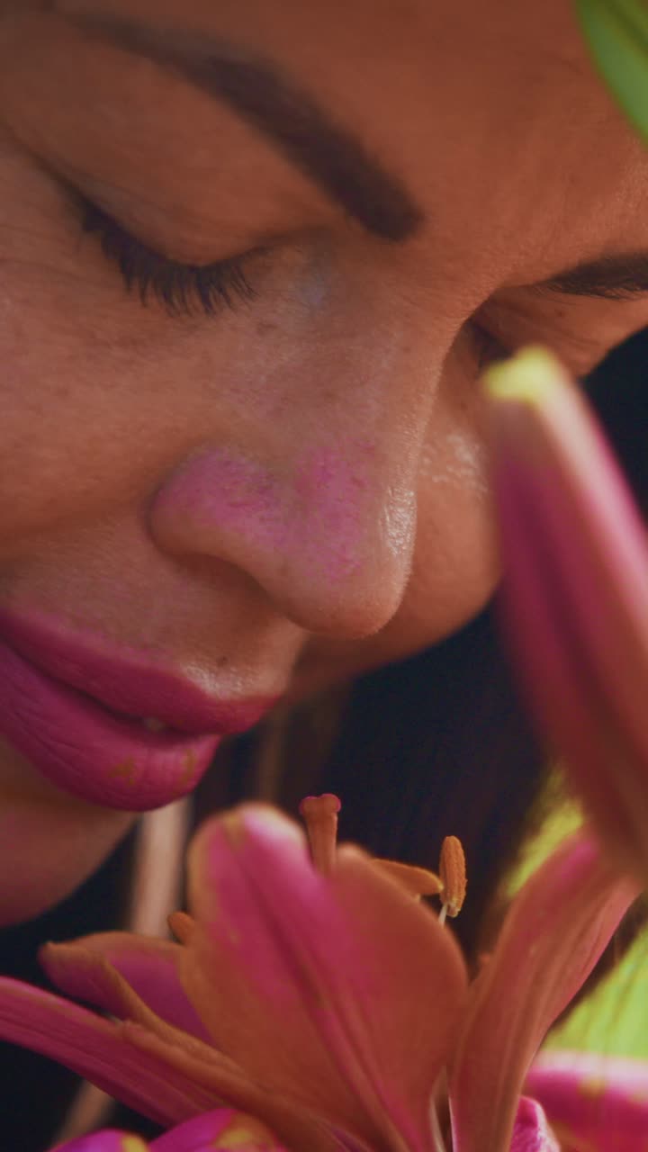Un accattivante primo piano di una donna che interagisce con fiori vivaci, che mette in risalto la bellezza naturale e la connessione emotiva in un sereno ambiente esterno