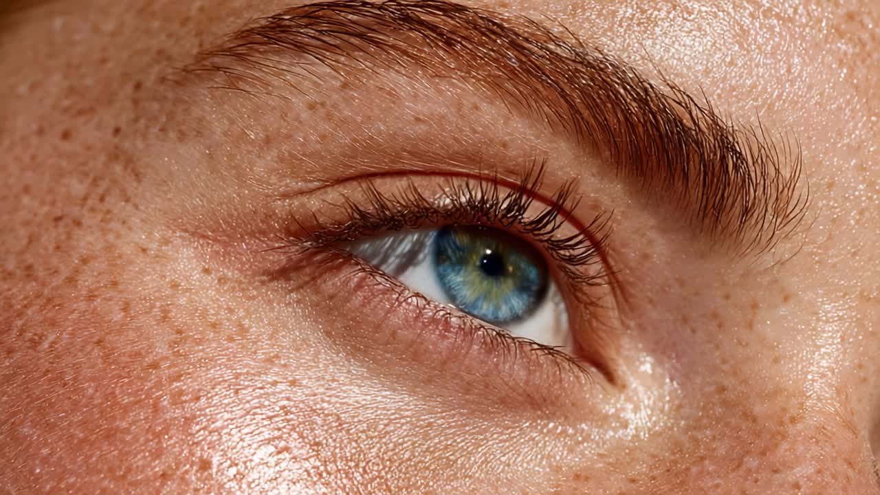 Close-up Portrait of an Eye Showcasing Intricate Details, Natural Beauty, and Unique Characteristics with Stunning Blue and Green Hues in a Glowing Skin Context