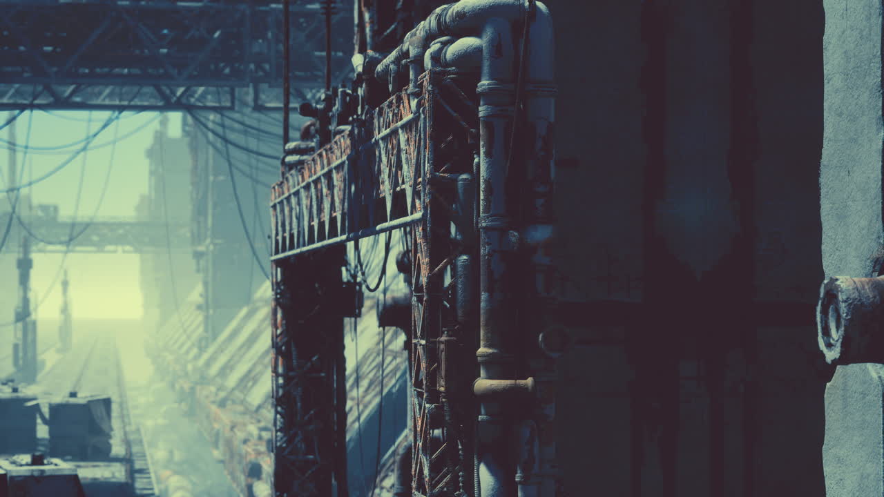 ruinas de ciudades post-apocalípticas: tuberías oxidadas e infraestructura en descomposición