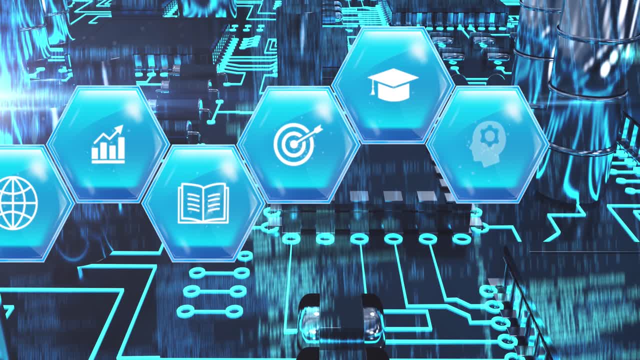Animation of computer circuit board with digital icons