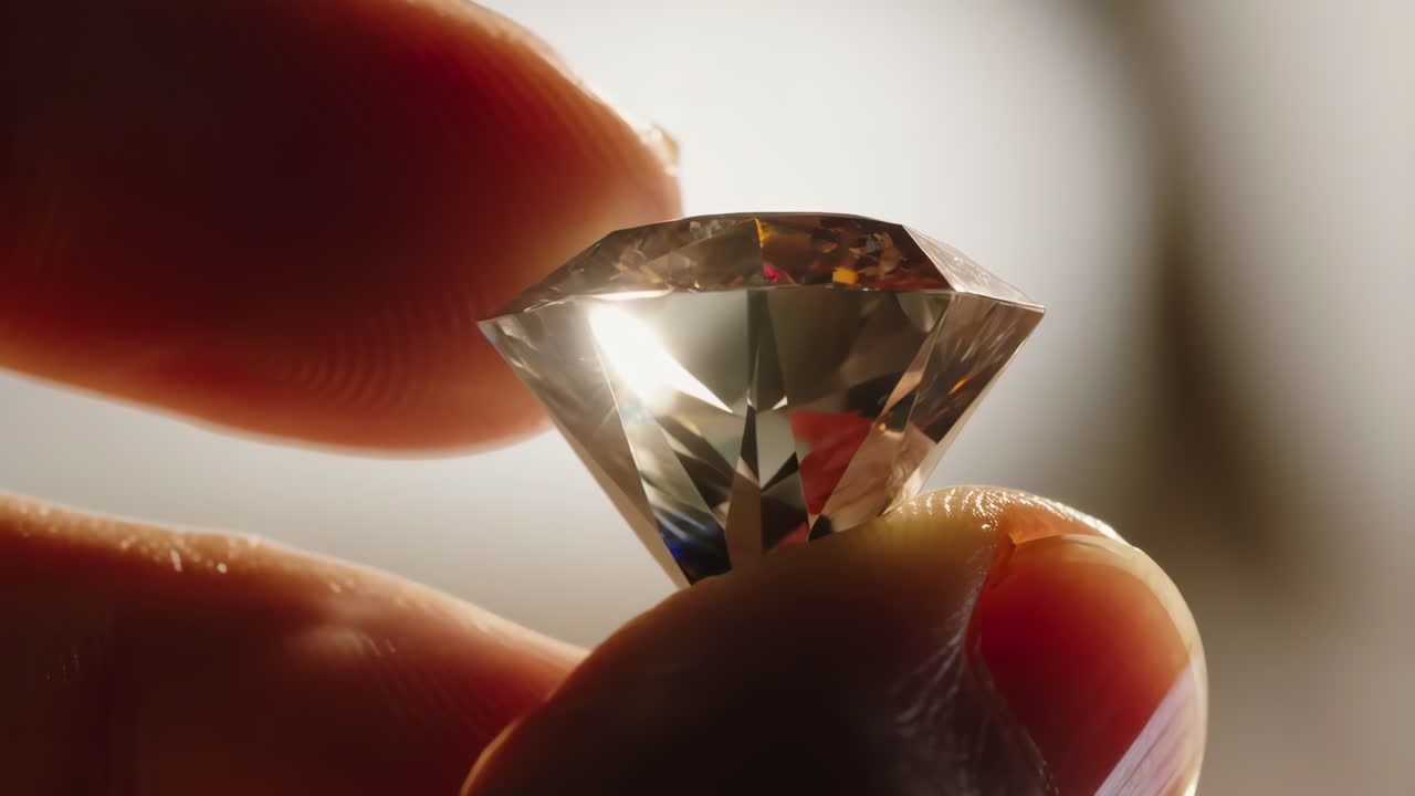 Close-up of a sparkling diamond held between fingers