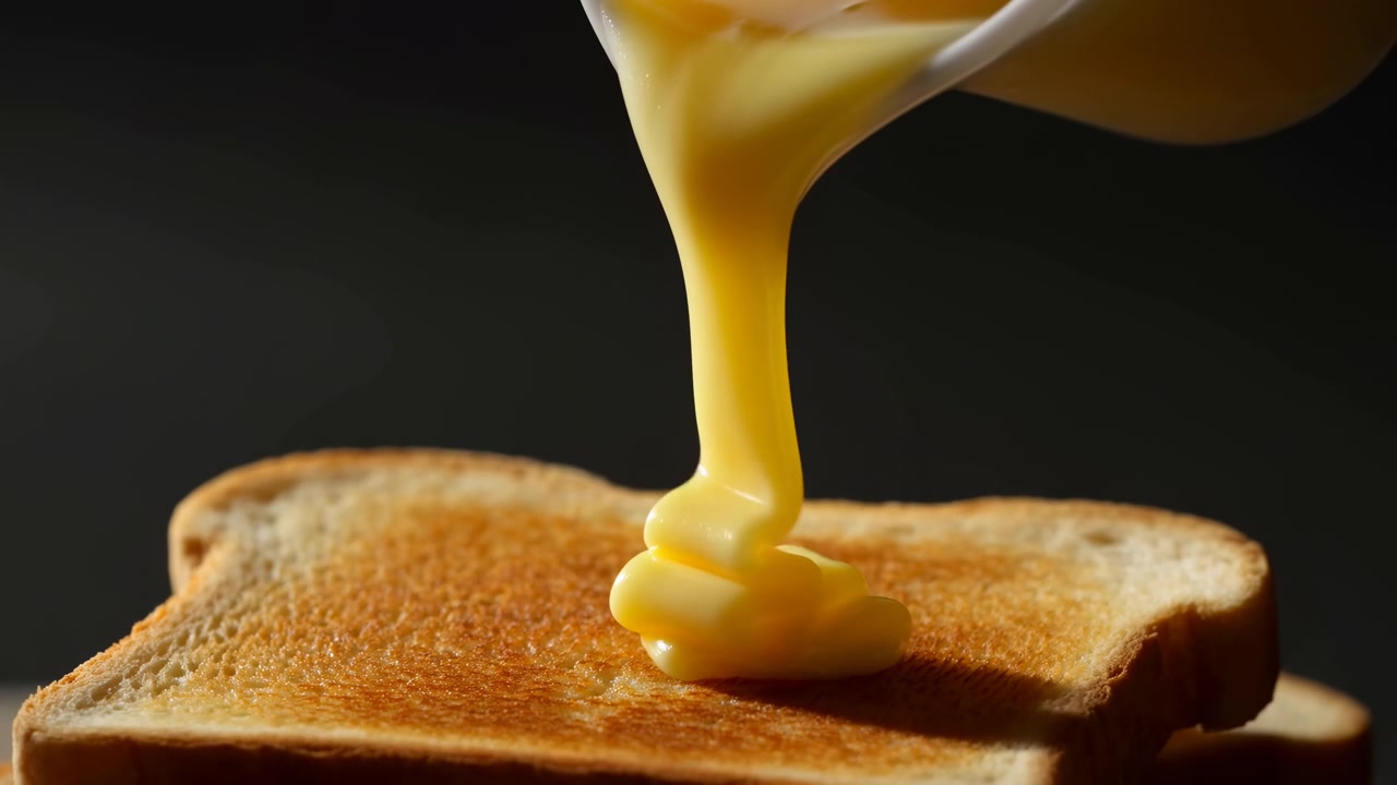 Low-angle view shows toasted bread receiving thick yellow sauce from white spout above, creating glossy layered shape, warm contrast, and appetizing culinary detail in studio setting