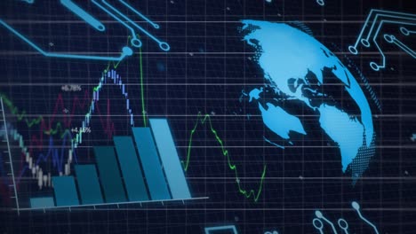 animation of spinning globe over statistical and financial data processing against blue background