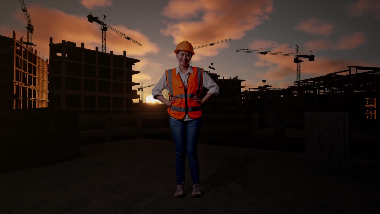 Full Body Of Asian Female Engineer Wearing Safety Helmet Looking At Camera While Standing With Arms Akimbo At Construction Site in Progress to New House
